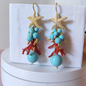 Orecchini Stella Marina in Ottone con Corallo e Turchese