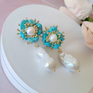 Orecchini Turchese e Perla con Ottone Anallergico Dorato
