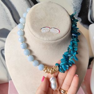 Collana Girocollo con Acquamarina Apatite e Perla Barocca