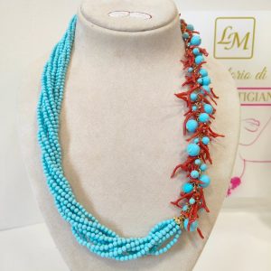 Collana Multifilo di Pasta Turchese con Corallo Naturale