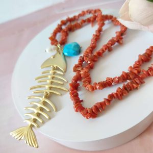Collana Corallo E Turchese Con Pesce In Ottone