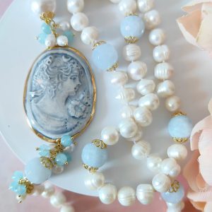Collana Con Cammeo In Ceramica Acquamarina E Perle