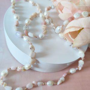 Collana Lunga Opale Rosa Con Perle, Cristalli Ed Ematite