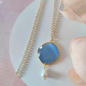 Collana Occhio Di Gatto azzurro Con Perla Barocca