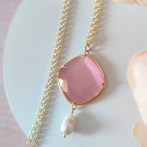 Collana Occhio di Gatto Rosa e Perla Barocca