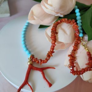Rametto Corallo Naturale E Perle Turchesi – Collana Girocollo