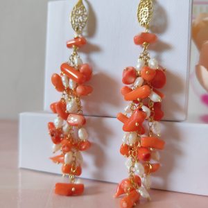 Orecchini Corallo Bamboo E Perle Naturali Eleganti