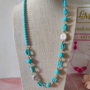 Collana Lunga In Pasta Di Turchese E Perle Naturali