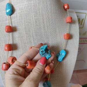 Collana Turchese E Corallo Bamboo Lunga