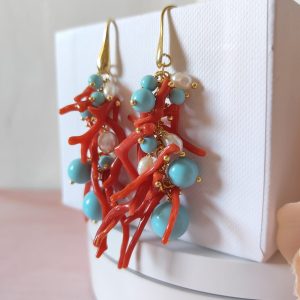 Orecchini Corallo E Turchese Con Perle Naturali Eleganti