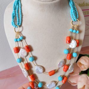 Collana Corallo Bamboo E Turchese – Perle Naturali E Ottone