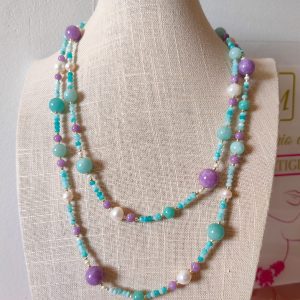 Collana Lunga Pietre Naturali Con Amazzonite, Kunzite E Perle