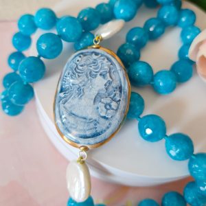 Collana Cammeo Ceramica Smaltata – Angelite E Perle Naturali