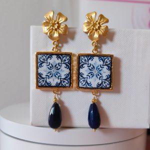 Orecchini Maiolica Blu Con Goccia Di Agata E Fiore Dorato