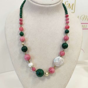 Collana Agata Verde Con Giada E Perle Naturali