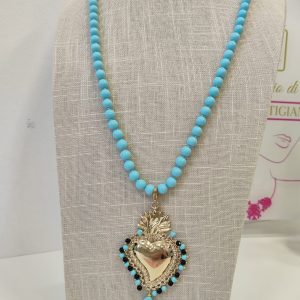 Collana Cuore Sacro Con Pasta Di Turchese E Onice Nero
