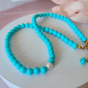 Girocollo Turchese e Perla Con Chiusura Dorata