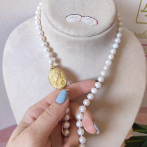 Collana Cammeo Ceramica Dorata con Perle Naturali