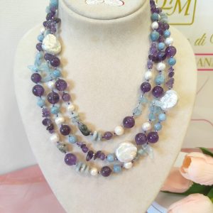 Collana Ametista E Acquamarina Con Perle Naturali