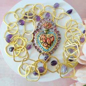 Collana Cuore Sacro Ametista e Ceramica Siciliana