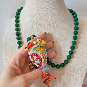 Collana Agata Verde e Corallo con Ciondolo in Ceramica