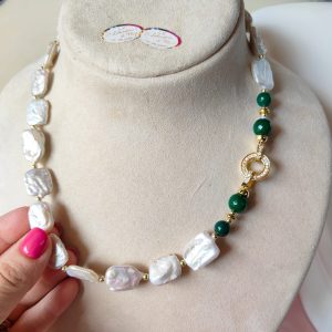 Girocollo Con Agata Verde E Perle Naturali