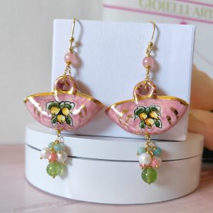 Orecchini Coffa Rosa Con Peridoto, Amazzonite E Perle