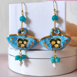 Orecchini Coffa Celeste Con Giada Azzurra E Perle