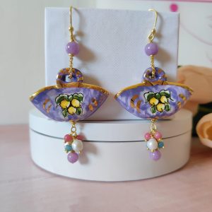 Orecchini Coffa Lilla Con Kunzite, Giada Rosa E Perle