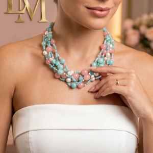 Collana Amazzonite E Giada Rosa Con Perle E Chiusura Dorata