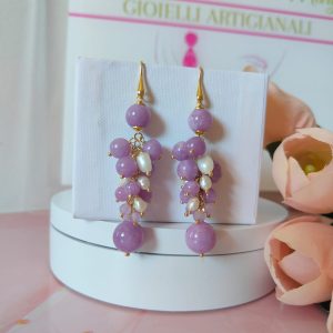 Orecchini Kunzite E Perle Con Monachella Dorata