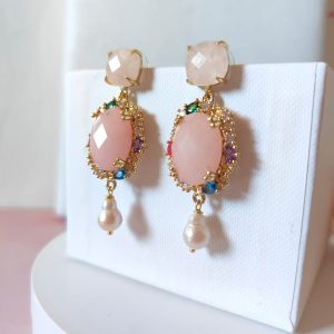 Orecchini Quarzo Rosa E Perla Con Zirconi Colorati