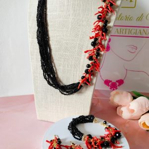 Parure Corallo E Onice Con Zirconi Neri