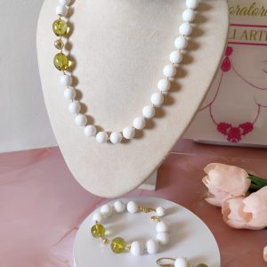 Parure Agata E Ambra Verde Con Argento Placcato Oro