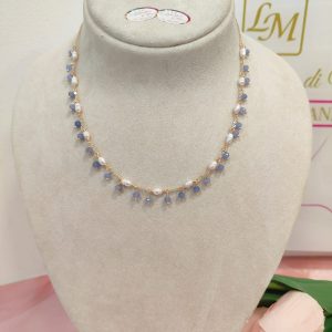 Collana Perle E Agata Viola In Ottone Dorato