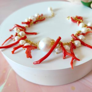 Bracciale Corallo E Perle Con Catenina In Argento Placcato Oro