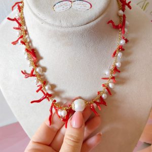 Collana Corallo E Perle Con Catena In Argento Placcato Oro