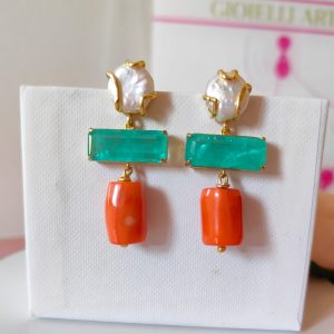 Orecchini Quarzo Verde Con Corallo Bamboo E Perla