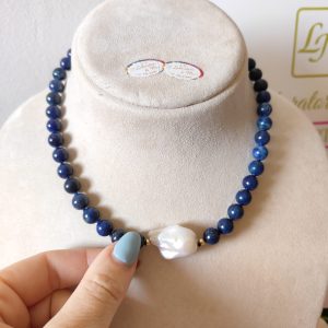 Collana Lapislazzuli E Perla Con Chiusura In Argento Placcato Oro