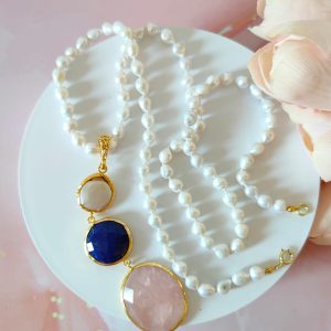 Collana Quarzo Rosa Lapislazzuli Con Perle