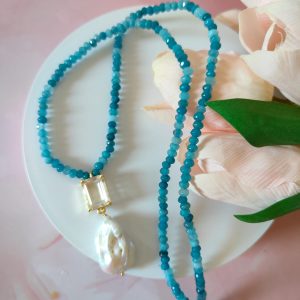 Collana Agata E Perla Con Cristallo E Chiusura Placcata Oro