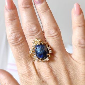 Anello Lapislazzuli Blu Con Zirconi In Ottone Regolabile