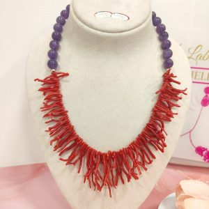 Collana Corallo E Ametista Con Chiusura Dorata