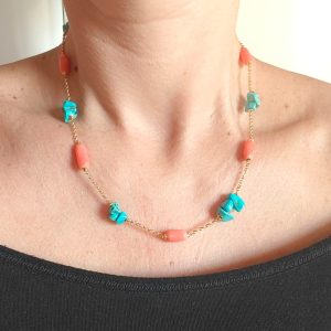 Collana Turchese E Corallo Bamboo Girocollo In Argento Dorato