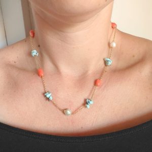 Collana Larimar E Corallo Con Perle E Argento Placcato Oro