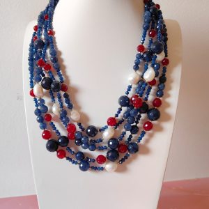 Collana Agata Blu E Borgogna Multifilo Con Perle