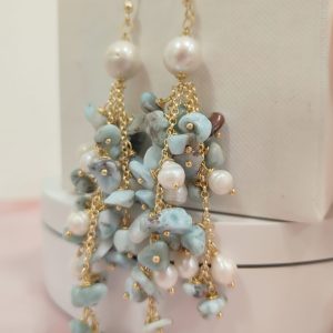 Orecchini Larimar E Perle Con Cascata Elegante