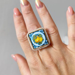 Anello Limone Siciliano In Maiolica E Perle