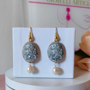 Orecchini Cammeo Azzurro Con Perla Naturale