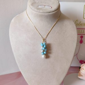 Ciondolo Turchese E Perle Su Catenina Veneziana In Argento